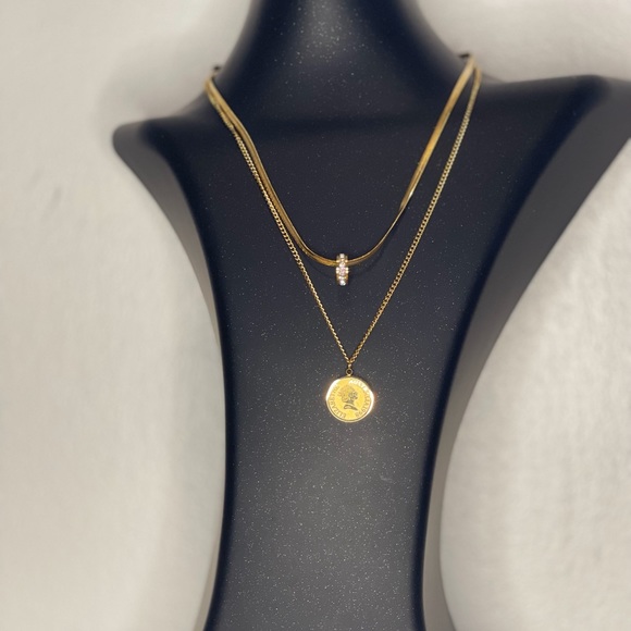 Stainless Steel Gold Plated Double Chain Charm Pendant Necklace - Picture 7 of 9